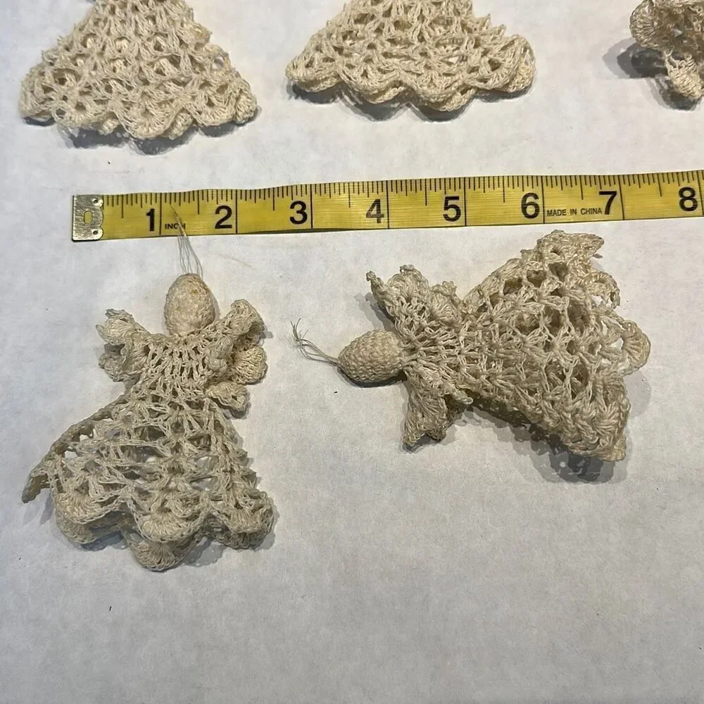 Vtg Angel Ornament Starched Crochet Cream Beige Off White Set Lot 10 Crocheted